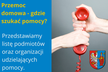 Grafika. Z lewej strony pole tekstowej, z prawej strony zdjęcie dwóch dłoni przekazujących sobie czerwoną słuchawkę telefoniczną. W prawym dolnym rogu herb powiatu.
