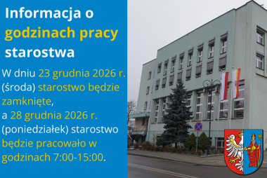 Z lewej strony pole tekstowe z opisem, z prawej strony zdjęcie budynku starostwa powiatowego w Chrzanowie, na zdjęciu, w prawym dolnym rogu herb powiatu.