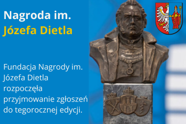 Grafika. Z prawej strony zdjęcie nagrody im. Józefa Dietla. W górnym rogu znajduje się herb powiatu chrzanowskiego. Z lewej strony pole tekstowe. 