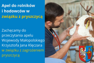 Grafika. Z prawej strony zdjęcie weterynarz zajmującego się krową. W dolnym roku herb powiatu. Z lewej strony pola tekstowe wypełnione treścią.