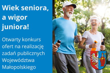 Grafika. Z prawej strony zdjęcie dwóch biegających seniorów. W dolnym rogu herb powiatu. Z lewej strony dwa pola tekstowe z treścią.