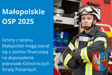 Grafika. Z prawej strony zdjęcie strażaka. W dolnym rogu herb powiatu. Z lewej strony dwa pola tekstowe z treścią. 