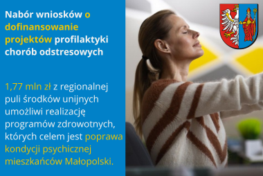 Grafika. Z prawej zdjęcie zrelaksowanej kobiety. W górnym rogu herb powiatu. Z lewej strony pola tekstowe z treścią.