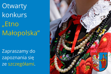 Grafika. Z prawej storny zdjęcie będące zbliżeniem na detal stroju ludowego. Z lewej strony pola tekstowe z treścią. 