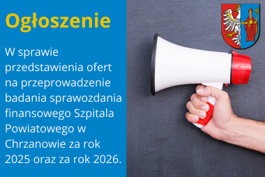 Grafika. Z lewej strony pole tekstowe, z prawej strony megafon. W prawym górym rogu herb powiatu. 