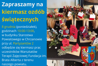 Grafika. Z lewej strony pola tekstowe z treścią, z prawej strony zdjęcie ozdób świątecznych na stole. 