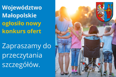 Grafika. Z prawej strony zdjęcie młodzieży w różynm wieku. Jedna z osób jest na wózku inwalidzkim. W górnym rogu herb powiatu chrzanowskiego. Z lewej strony pola tekstowe z treścią.