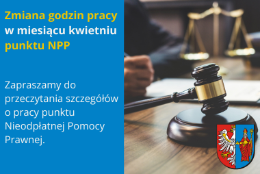 Grafika. Z prawej strony zdjęcie nawiazujące do sądowej sali rozpraw. W dolnym rogu herb powiatu. Z lewej strony pola tekstowe z treścią. 