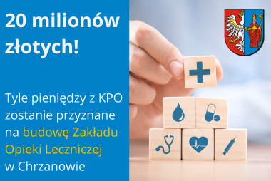Grafika. Z prawej strony zdjęcie drewnianych kostek z ilustracjami dotyczącymi elementów zdrowotnych. W górnym rogu herb powiatu. Z lewej strony pole tekstowe z treścią.