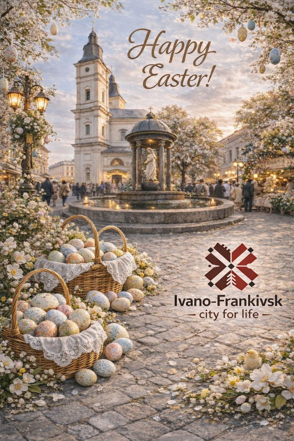 Karta wielkanocna. Na pierwszym planie duże kosze wypełnione pisankami, obok kwiaty. W tle zabudowania