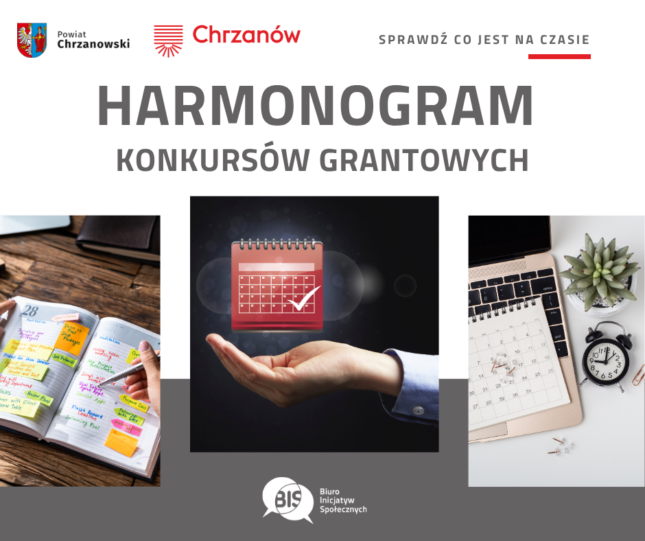 Grafika. Na górze logotypy organizatorów i pola tekstowej. Na środku trzy zdjęcia. Każde z nich przedstawia trzy różne kalendarze. 