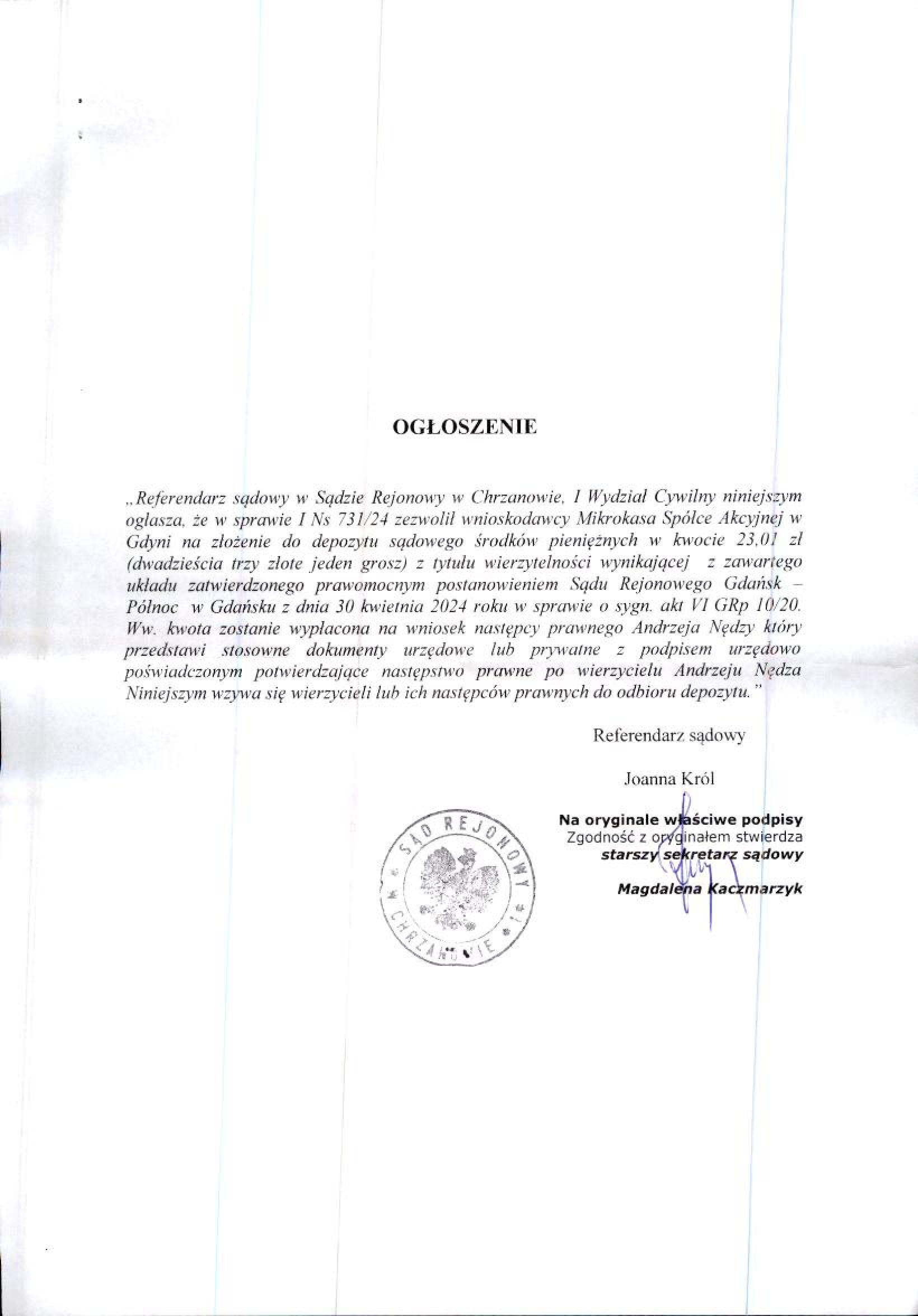 Dokument urzędowy z okrągła pieczęcią i podpisem osoby wydającej.