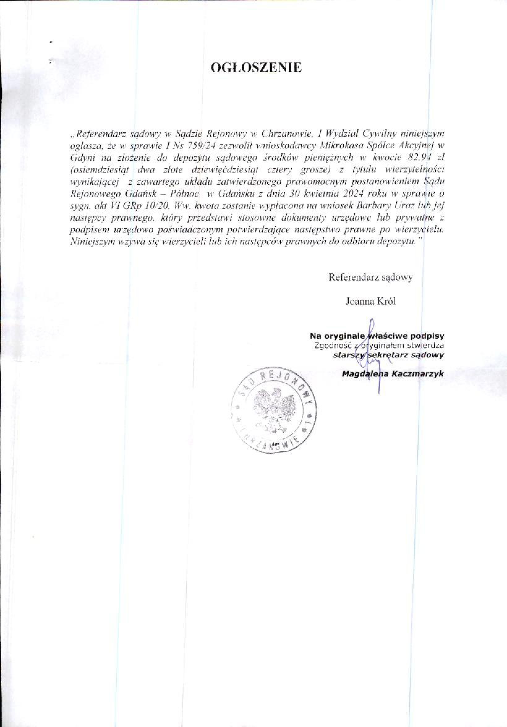 Dokument urzędowy z okrągła pieczęcią i podpisem osoby wydającej.