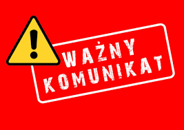 czerwony prostokąt w nim żółty znak ostrzegawczy (trójkąrt z czarnym wykrzyknikiem) oraz napis w kolorze białym ważny komunikat w białej ramce