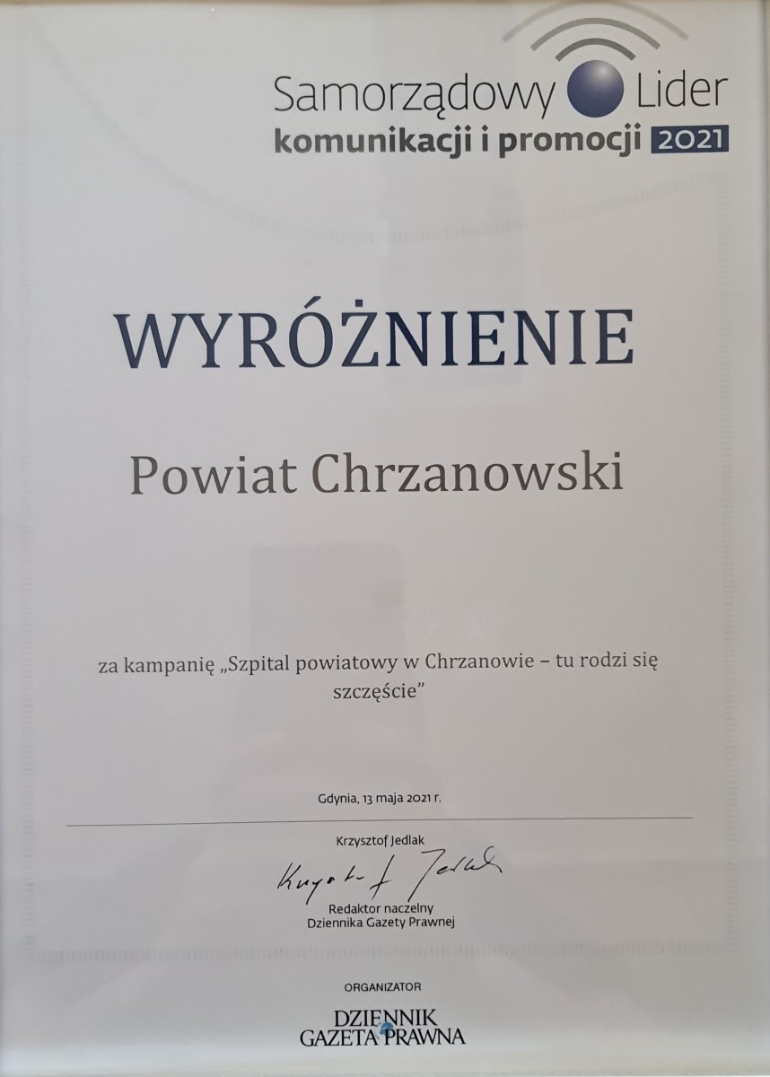 Dyplom z napisem Wyróżnienie Powiat Chrzanowski 