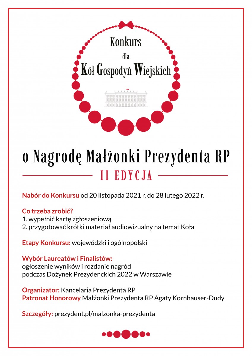 Plakat informacyjny  II edycji Konkursu dla Kół Gospodyń Wiejskich o Nagrodę Małżonki Prezydenta RP