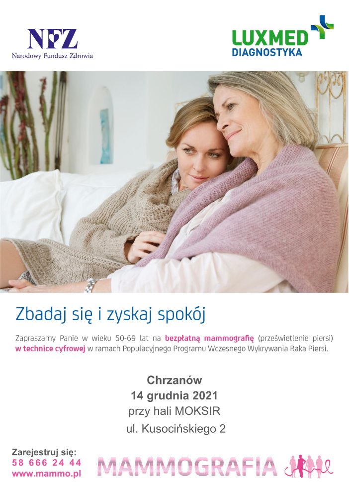 plakat zbadaj się i zyskaj spokój, bezpłatne badania mammograficzne dla pań w wieku 50-69 lat, zdjecie dwóch kobiet (mama i córka) siedzą na kanapie wtulone w siebie, iformacja o badaniach (jak w tekście ponizej)