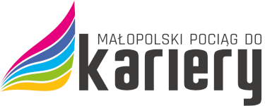 logo małopolski pociąg do kariery - białe tło czarny napis, po lewej stronie paski ułożone w kształcie skrzyfła rózowy, fioletowy, niebieski, zielony zółty  