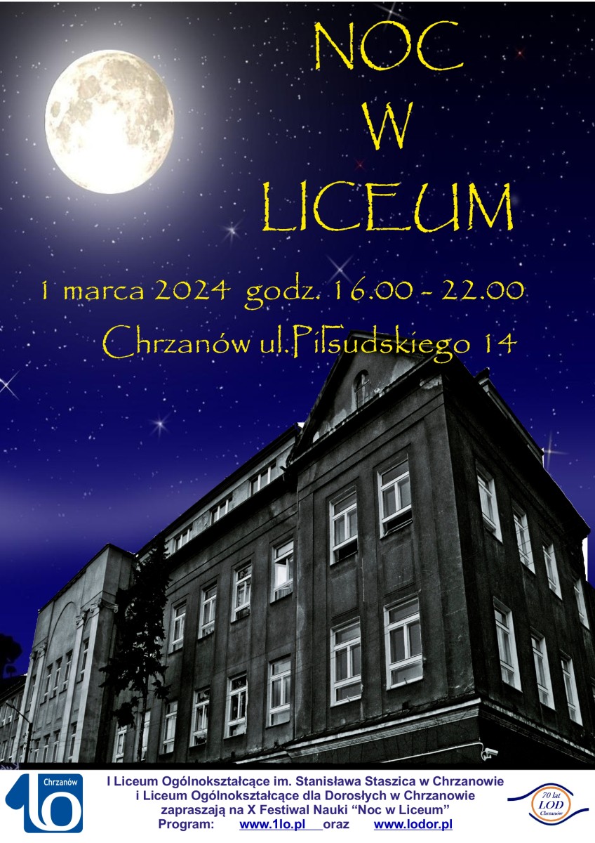 Plakat z budynkiem I LO w Chrzanowie. Księżyc, niebo 