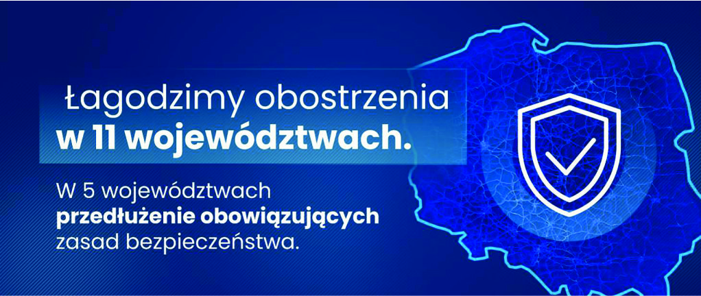 Mapa Polski z informacją o złagodzonych obostrzeniach 