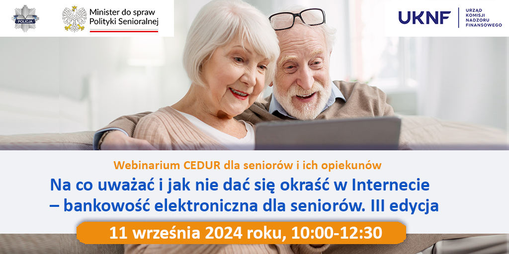 Zdjęcie kobiety i mężczyzny w wieku emeytalnym oraz napisy w kolorze białym, niebieskim, czarnym i pomarańczowym.