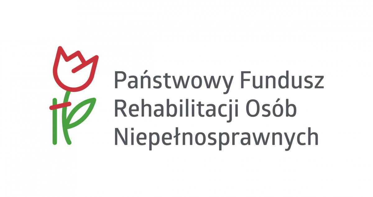 logo PFRON czerwony tulipan z zielonymi nóżkami napis Państwowy Fundusz Rehabilitacji Osób Niepełnosprawnych