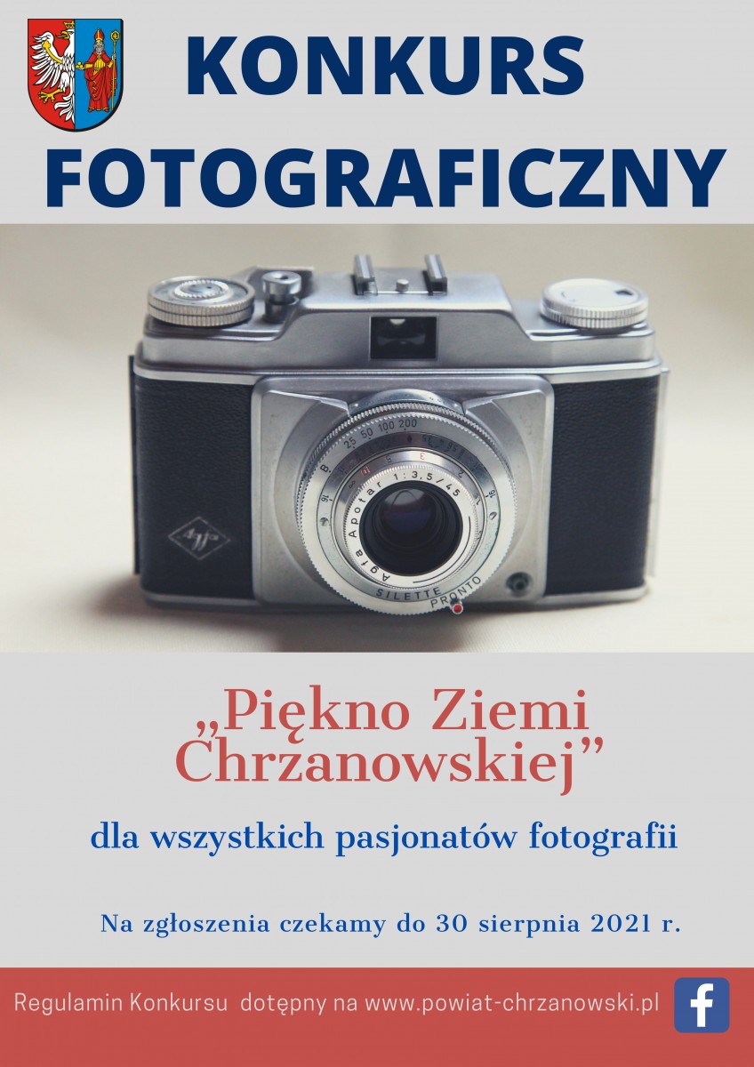 Plakat z herbem powiatu chrzanowskiego oraz ze zdjęciem aparatu fotograficznego 