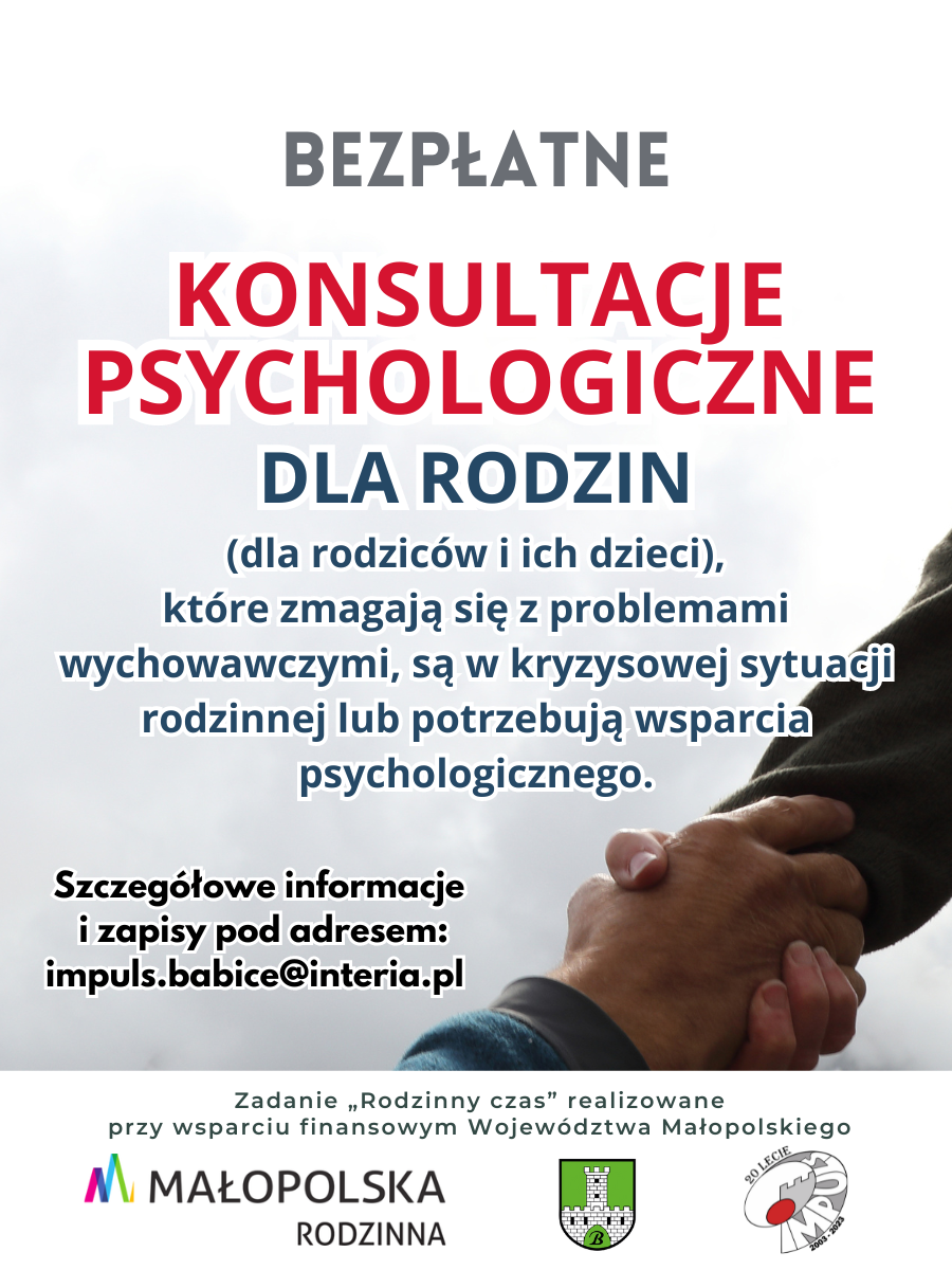 plakat informujący o konsultacjach psychologicznych, jasne tło czarne i czerwone napisy - treść jak w poscie, w lewym dolnym rogu trzymajace się ręce