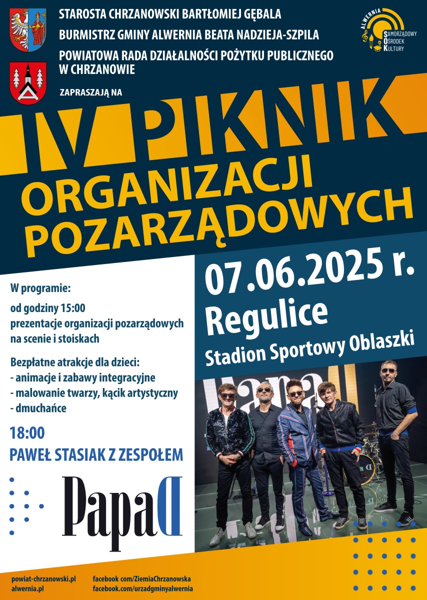 Plakat. Na górze 3 logotypy orgnizatorów. W wielu miejscach wiele pól tekstowych z treścią. W prawym dolnym rogu zdjęcie 5 osobowego zespołu.