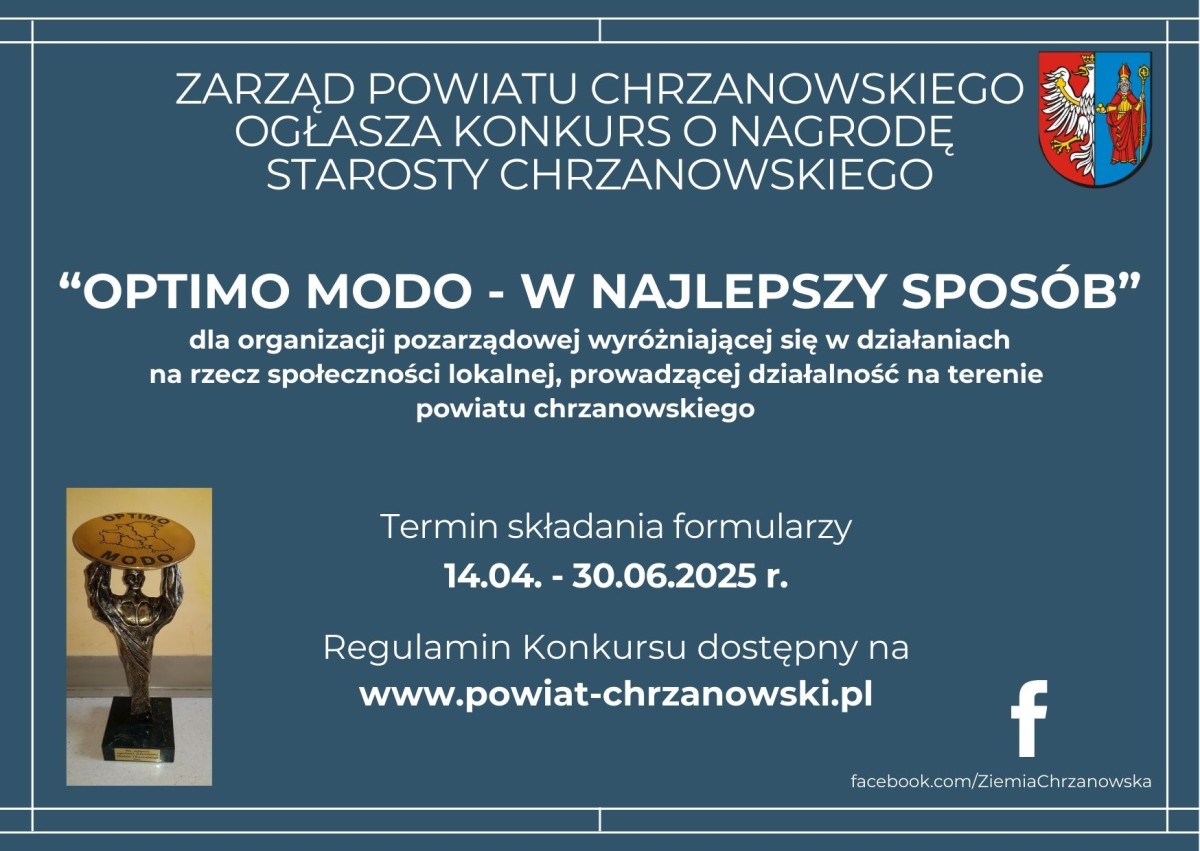 Grafika opisująca szczegóły konkursu. W dolnym lewym rogu zdjęcie statuetki.