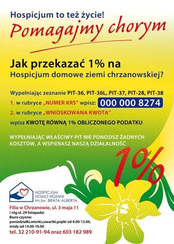 Jak przekazać 1% podatku na  hospicjum w Jaworznie i  w Chrzanowie? 