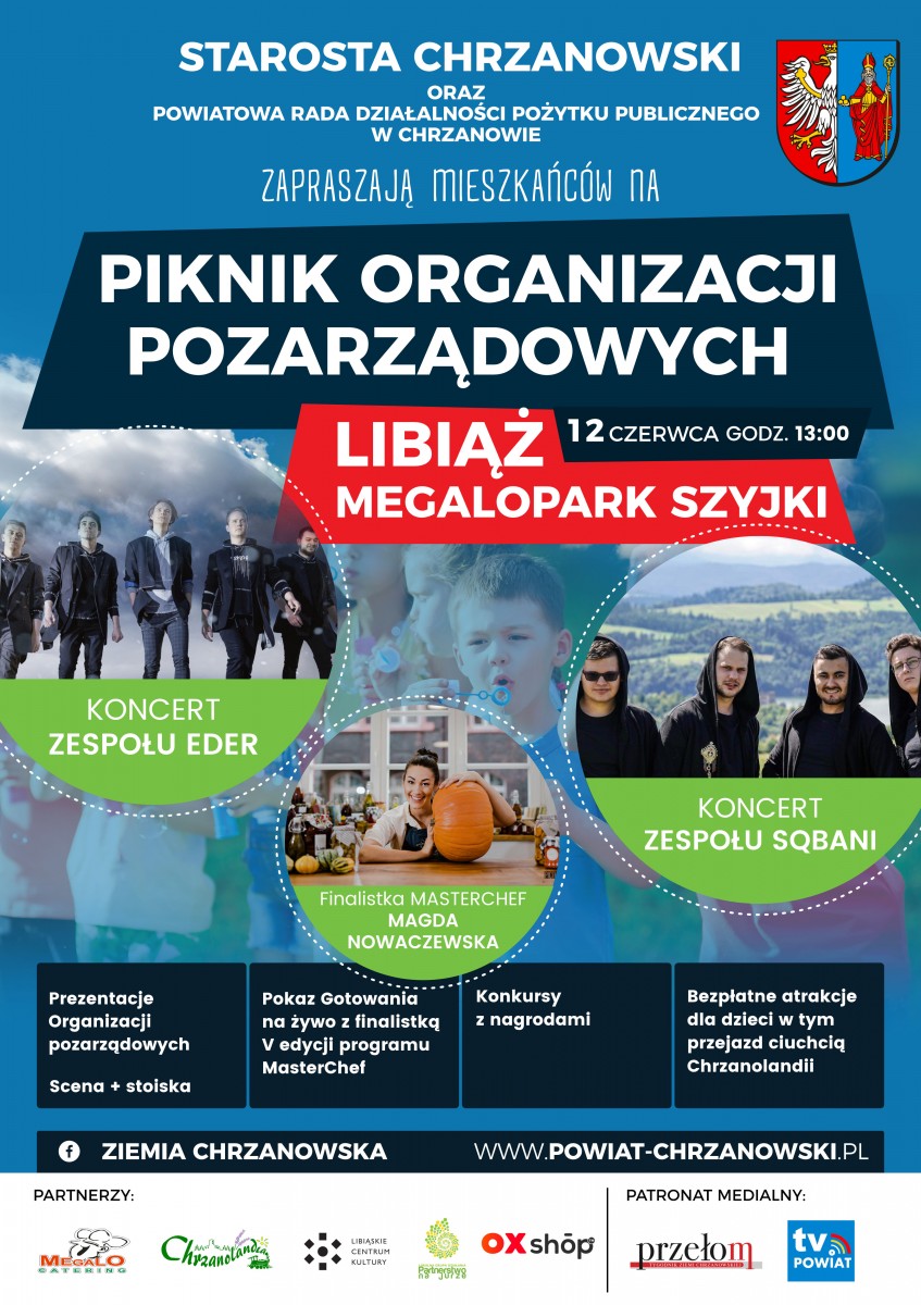 plakat niebieski w tle dzieci z kolorowymi balonami, napis piknik organizacji pozarządowych megalopark szyjki w Libiażu zdj. zespołu eder 5 chłopaków w ciemnych sodniach i koszulach, zdj. zespołu squbani 4 xcłopaków w czarnych bluzach z kapturem 