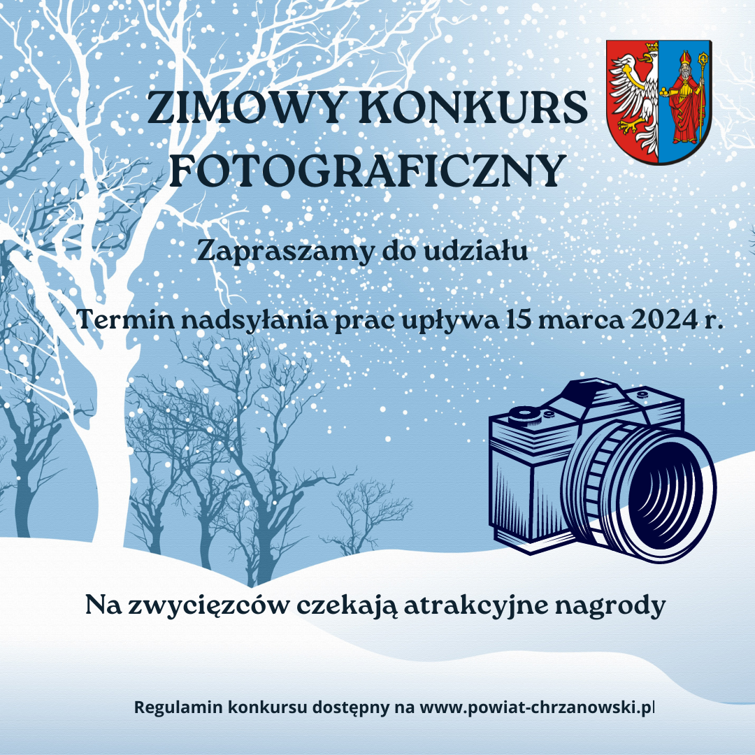 Niebiesko białe tło, granatowe napisy, herb powiatu, drzewa bez liści i aparat fotograficzny