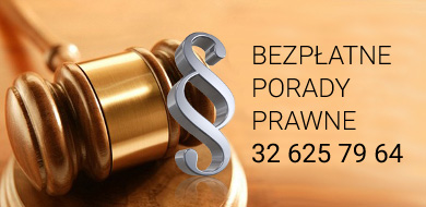 bannerek w kolorze jasny braz z informacją bezpłatne porady prawne 326257964 na obrazku symbola paragrafu w kolorze srebrnym oraz  młotek sędziowski w kolorze złotym