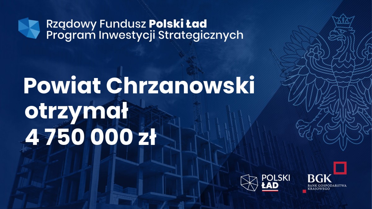 Granatowy baner z godłem po prawej stronie, napisem Powiat Chrzanowski otrzymał 4 750 000 zł 