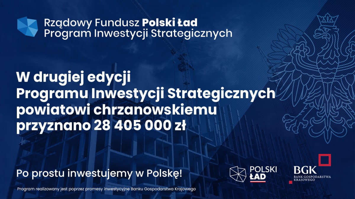 granatowy baner biały napis w 2 edycji programu inwestycji strategicznych pow. chrzanowskiwmu przyznano 28405 000. logo polski ład kontur pl, napis bgk(bank gosp krajowego)po lewej str kontur orła, w tle widok na blok w budowie