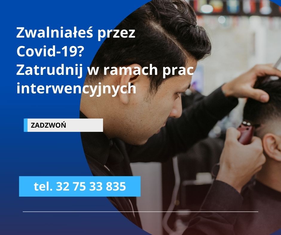 Zdjęcie fryzjera używającego maszynki do golenia włosów oraz biały napis z nr telefonu.