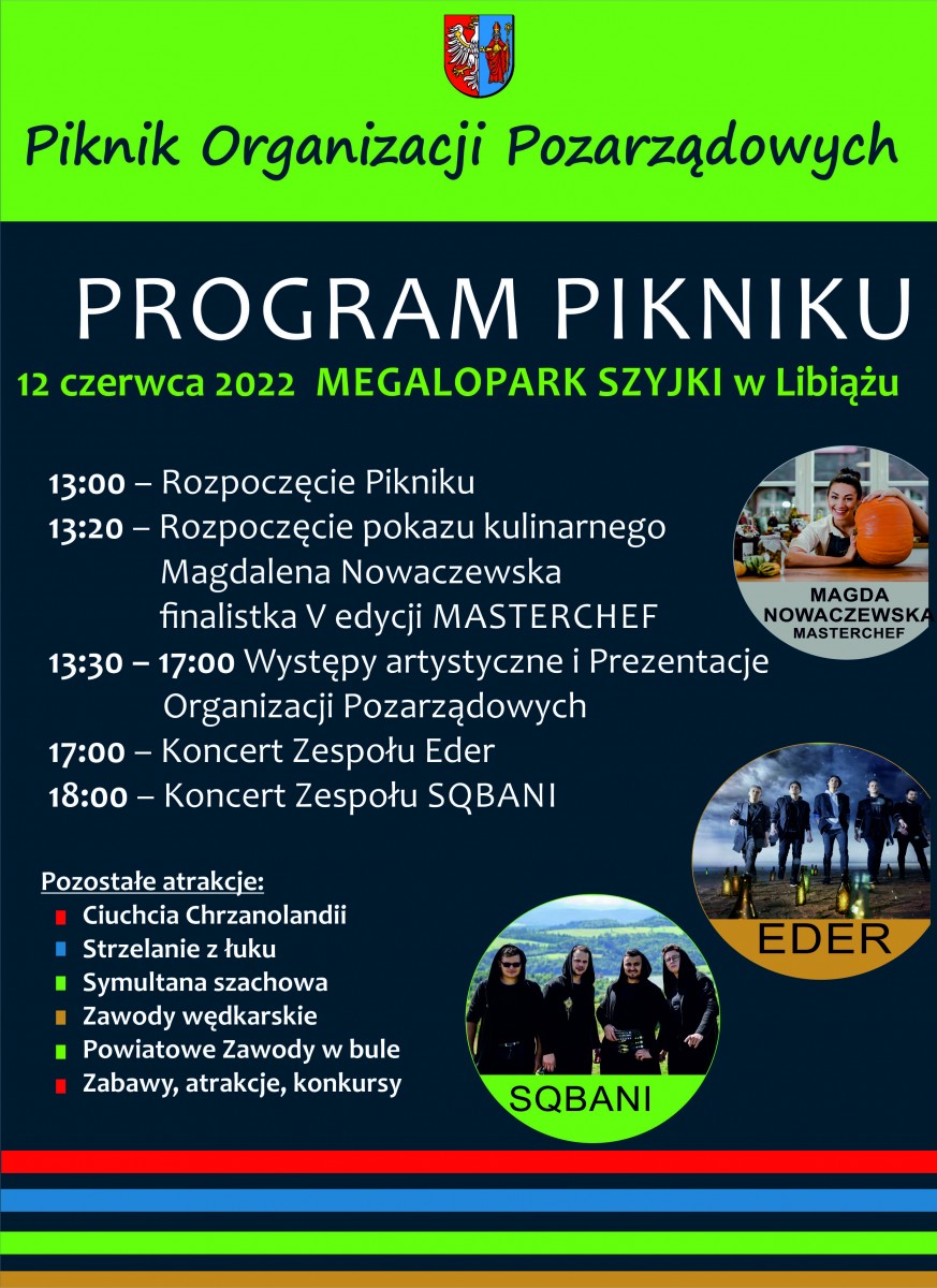 ciemnogranatowy plakat z programem pikniku białe napisy u góry sielony pasek z napisem granatowym piknik organizacji pozarządowych 3 kółka ze zdjęciami magdy nowaczewskiej pozujacej z dynią, zespołu eder  w plenerze oraz zespołusqbani na tle gór