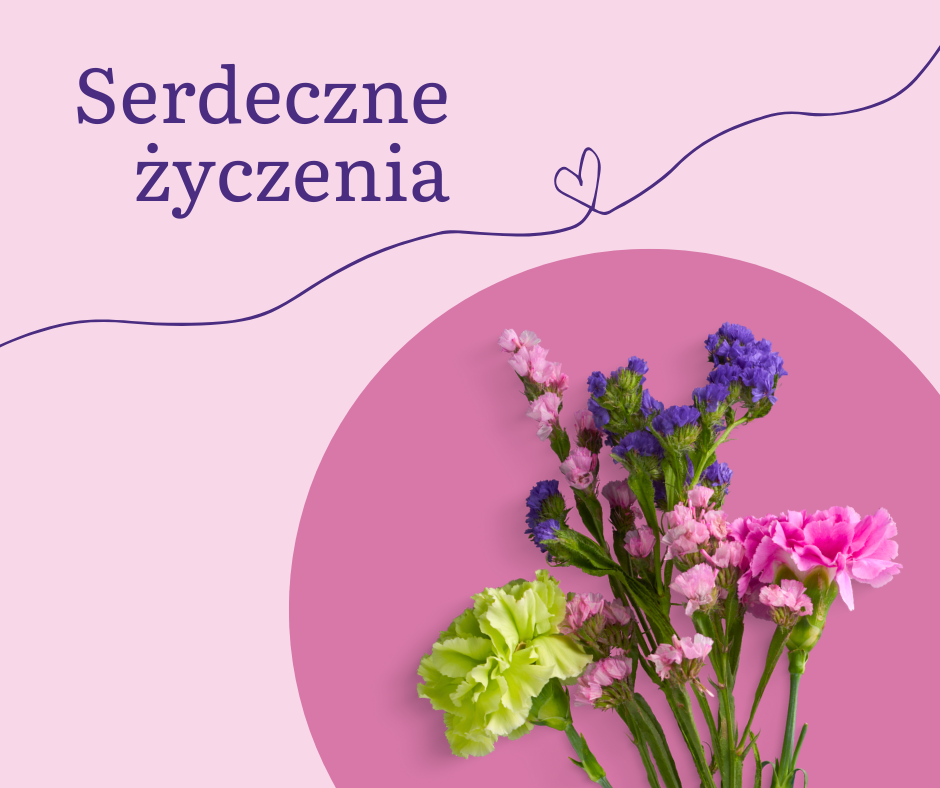 Różowa kartka z kwiatami i napisem: serdeczbe życzenia 