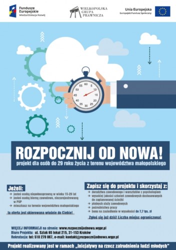 Rozpocznij od nowa - projekt dla osób do 29 roku życia z terenu województwa małopolskiego