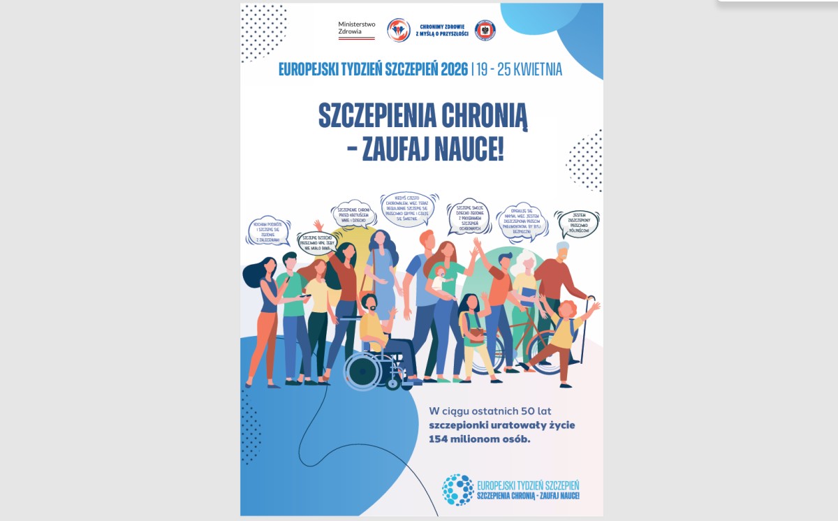 Ulotka dotycząca szczepień przedstawia kobiety, mężczyzn, dzieci, seniorów