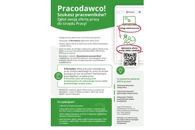 Pinowa ulotka w kolorach zielono-białym zawierającad dużo pól tekstowych z treścią i 3 ikonki.