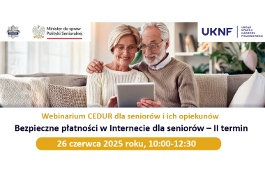 Grafika. W górnych rogach są 3 ikony organziatorów. W środu jest zdjęcie dwóch seniorów patrzących na tablet. Na dole pola tekstowe z treścią. 