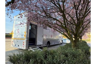 Zdjęcie mammobusa zaparkowanego na parkingu przy kwitnącym drzewie i skwerze zieleni. 