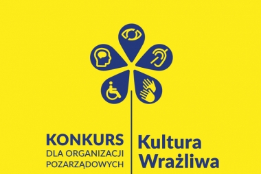 Na żółtym tle granatowe logo w kształcie kwiatka oraz napis Konkurs dla organizacji pozarządowych Kultura Wrażliwa