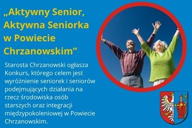 Grafika. W prawym górnym rogu zdjęcie dwóch osób w wieku senioralnym, kobiety i mężczyzny podnoszących z uśmiechem ręce ku górze. Na dole herb powiatu. Z lewej strony pola tekstowe.
