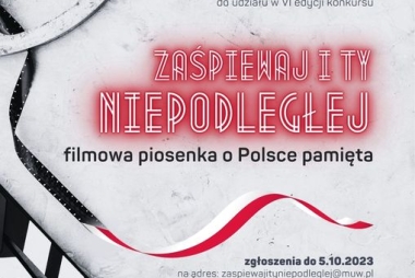 Plakat z flagą Polski i kliszą filmową 
