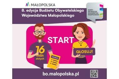 Grafika. Na górze znajdują się dwa elementy graficzne organziatora i nazwa wydarzenia. Na środku dwa rysunkowo przedstawione postacie. Na dole adres strony www i kod QR. 
