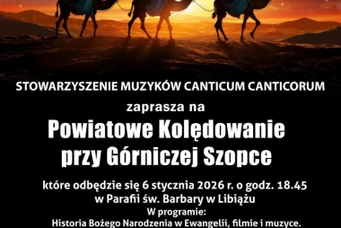 plakat promujący wydarzenie, scena z trzema mężczyznami na wielbłądach 