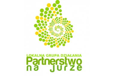 logo LGD partnerstwo na jurze, logo ma kształt muszli ślimaka , składa się z różnej wielkości kropek żółtych i zieolnych
